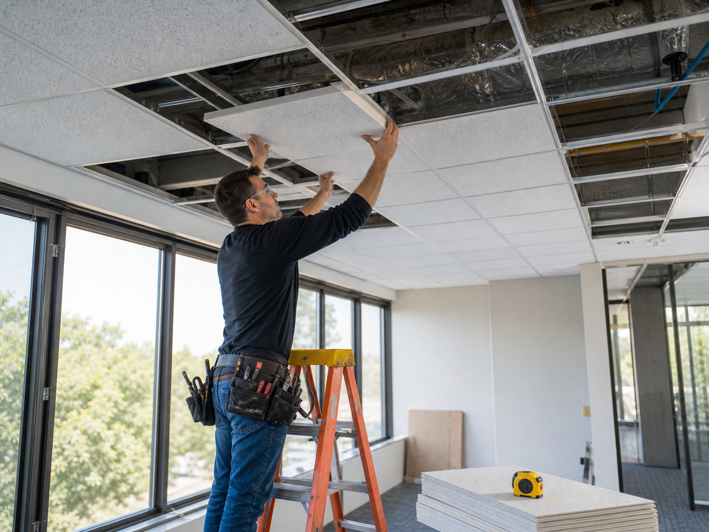 Installazione di controsoffitto acustico fonoassorbente in un locale