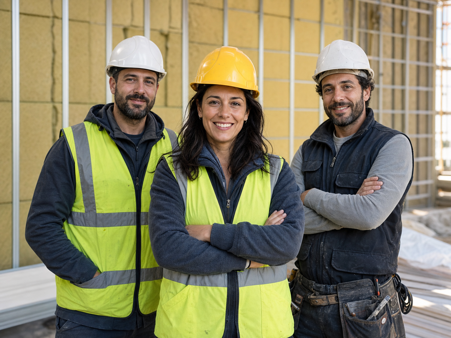 Giulia Rinaldi con il team tecnico di Insonora davanti a un cantiere di insonorizzazione a Potenza